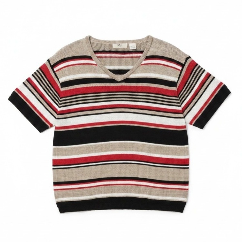 NWB Casuals Short Sleeve V-Neck Knit‎ Top, Womens XL Red Black Tan Striped Shirt